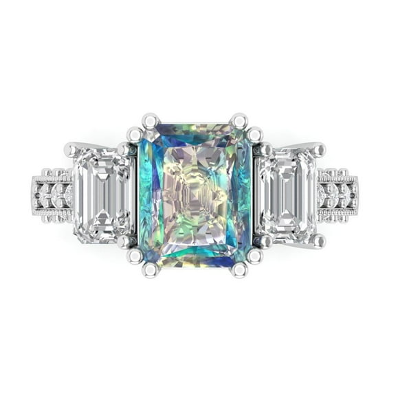 4.27 ct Emerald Cut Blue Moissanite 3 Stone 14K White Gold Womens Engagement Ring