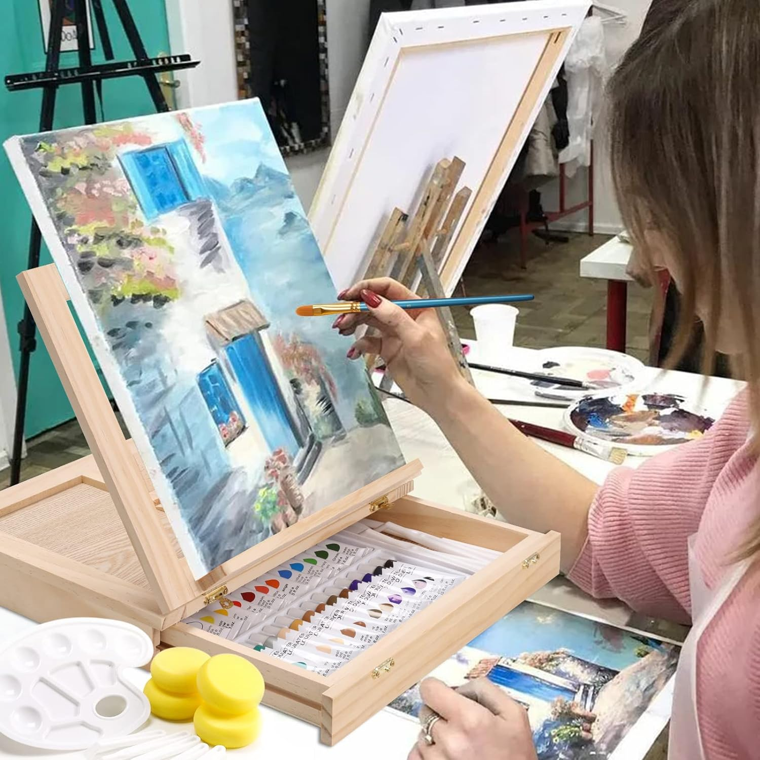 Painting Supplies Set, 49 Pieces Watercolor Painting Kit with Wooden Tabletop Easel, Includes Watercolor Paints, Brushes, Palette, Canvas Panels and Painting Pads
