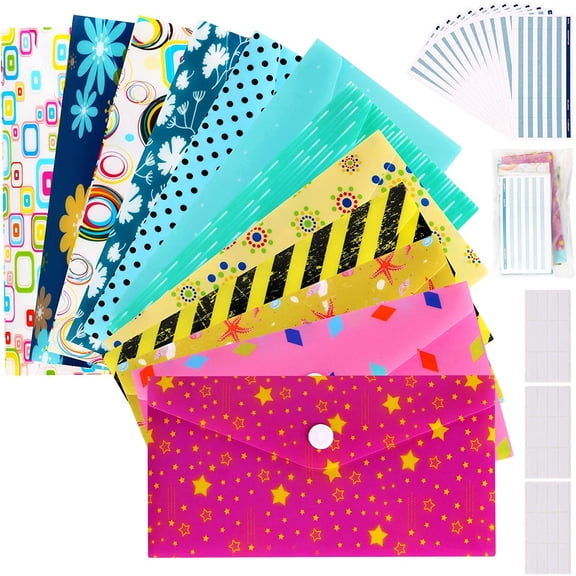 Cash Envelopes Plastic for Budget System - Money Envelopes for Budgeting and Saving, 12 Pack of Assorted Colors, Tear and Water Resistant, 12 Expense Tracking Budget Sheets & 3 Label Sheets
