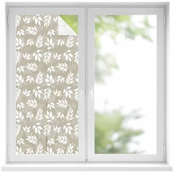 Static Cling Non Adhesive Window Film, Beige White Leaves Window Privacy Film Frosted, Spring Pastoral Rustic Botanical Opaque Window Coverings for Small Windows, Home, 17.7 x 39.3 Inches