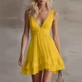 thumbnail image 2 of Miluxas Women's Summer Mini Dress Twist Front V Neck Sleeveless Mini Dress Double Ruffle Hem High Waisted A Line Beach Sundress for Vacation Yellow, 2 of 6