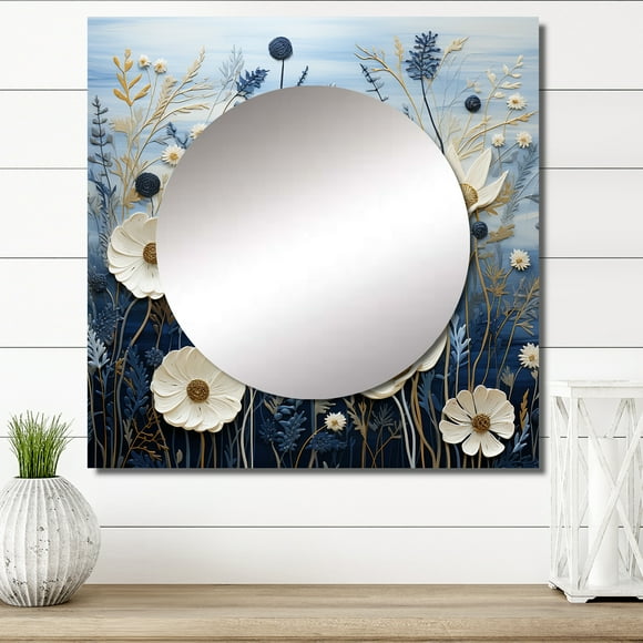 Designart "Meadow Stroll Among Wildflowers III" Wildflowers White Large Square Mirror - Square Bedroom Mirror Printed Wall Decor - Traditional Square Printed Wall Mirror Art