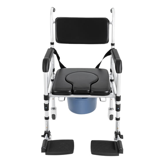 Folding Bedside Commode with Wheels, Height Adjustable Padded Shower Chair with Bucket, Rolling Shower Commode Chairs with Soft Backrest