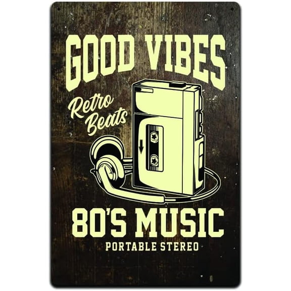Retro Music Portable Stereo Metal Tin Sign, 12 x 8, Vintage Band Rock Punk Pop Guitar Drum DJ Studio Wall Decor