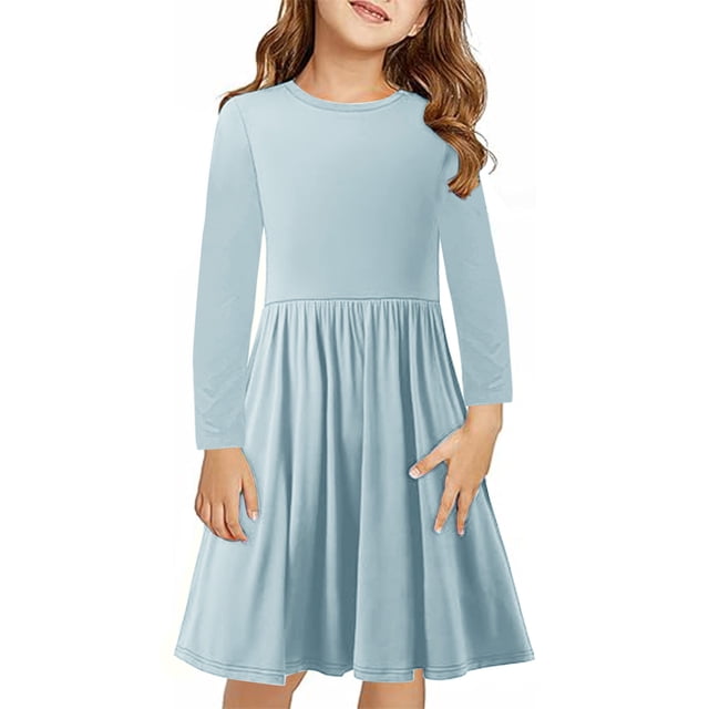 AherBiu Robe à Manches Longues pour Filles Col Rond Basique Légère Automne Hiver Décontractée Confortable Robe Unie pour Enfants
