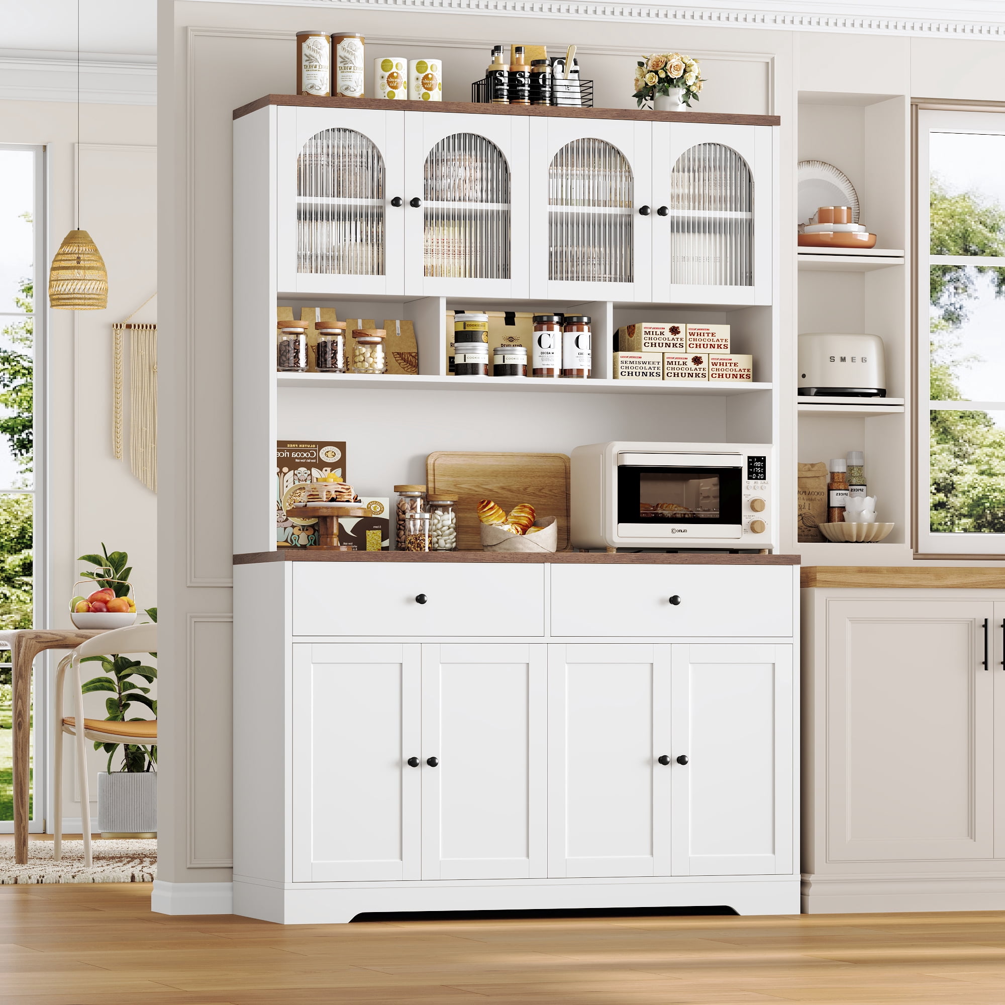 Hiphuta 71" Tall Kitchen Pantry Storage Cabinet with Glass Doors and Microwave Stand, Modern Buffet with Hutch and Charging Outlets, Coffee Bar Cabinet for Kitchen Dining Room, White