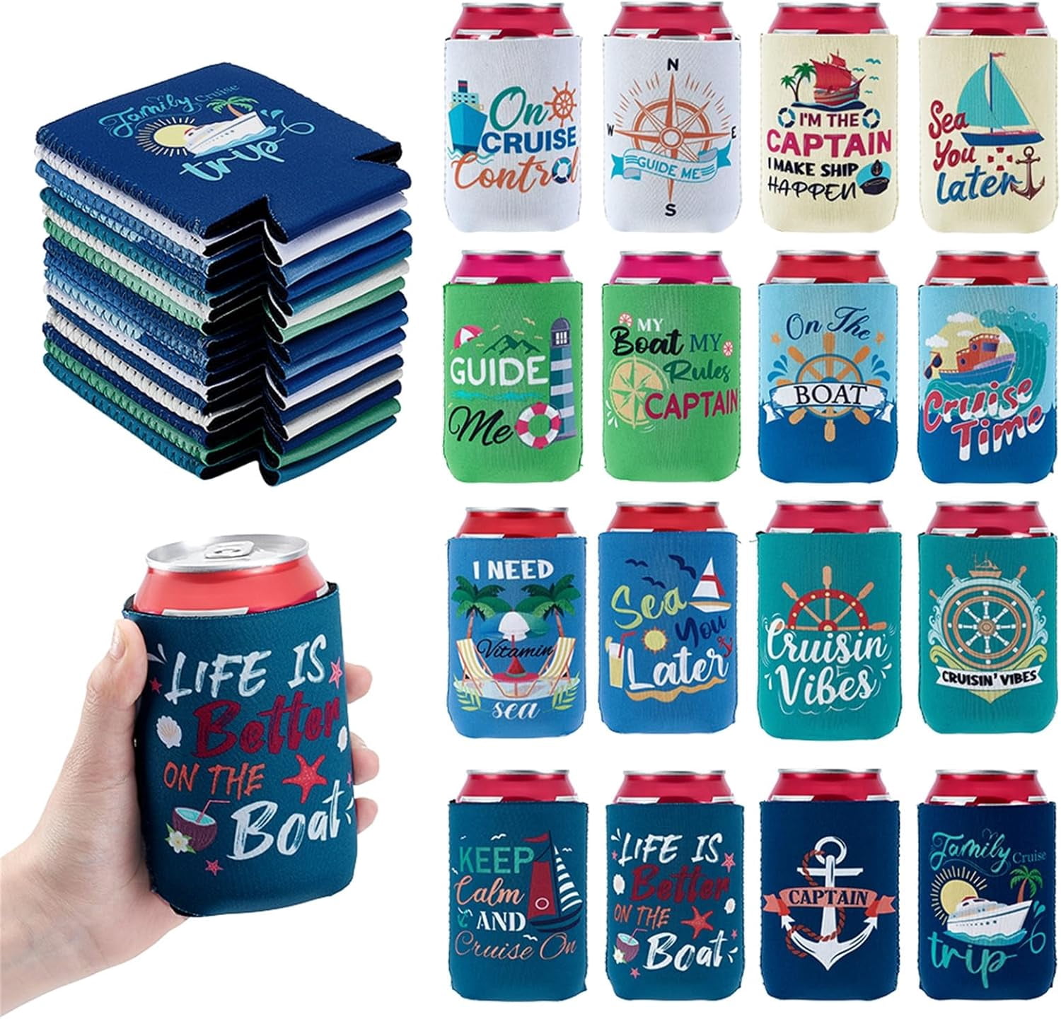 Cruise Beer Can Cooler 16 Pcs Neoprene Boating Gift Beer Sleeves for Can Sleeves for Men 12 oz Reusable Insulated Funny Drink Cans Cover