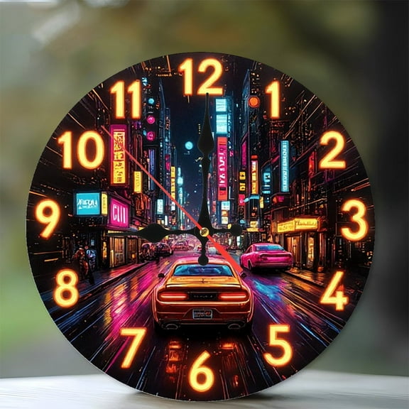 Neon Cityscape Night Clock Wall Art 10-Inch Silent Wooden Wall Clock, Battery Operated (AA Batteries Not Included), Artistic Home Decor