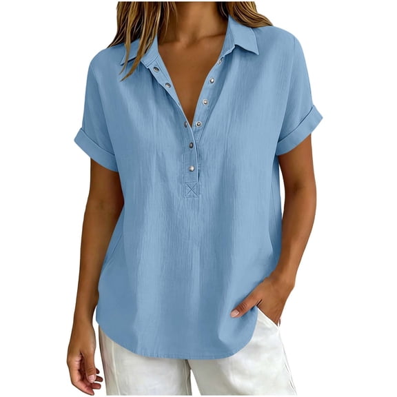 Lenpel Women's Cotton Linen Tops Rolled Short Sleeve Half Button Collared Pleated T-Shirts Casual Loose Tunic Blouses