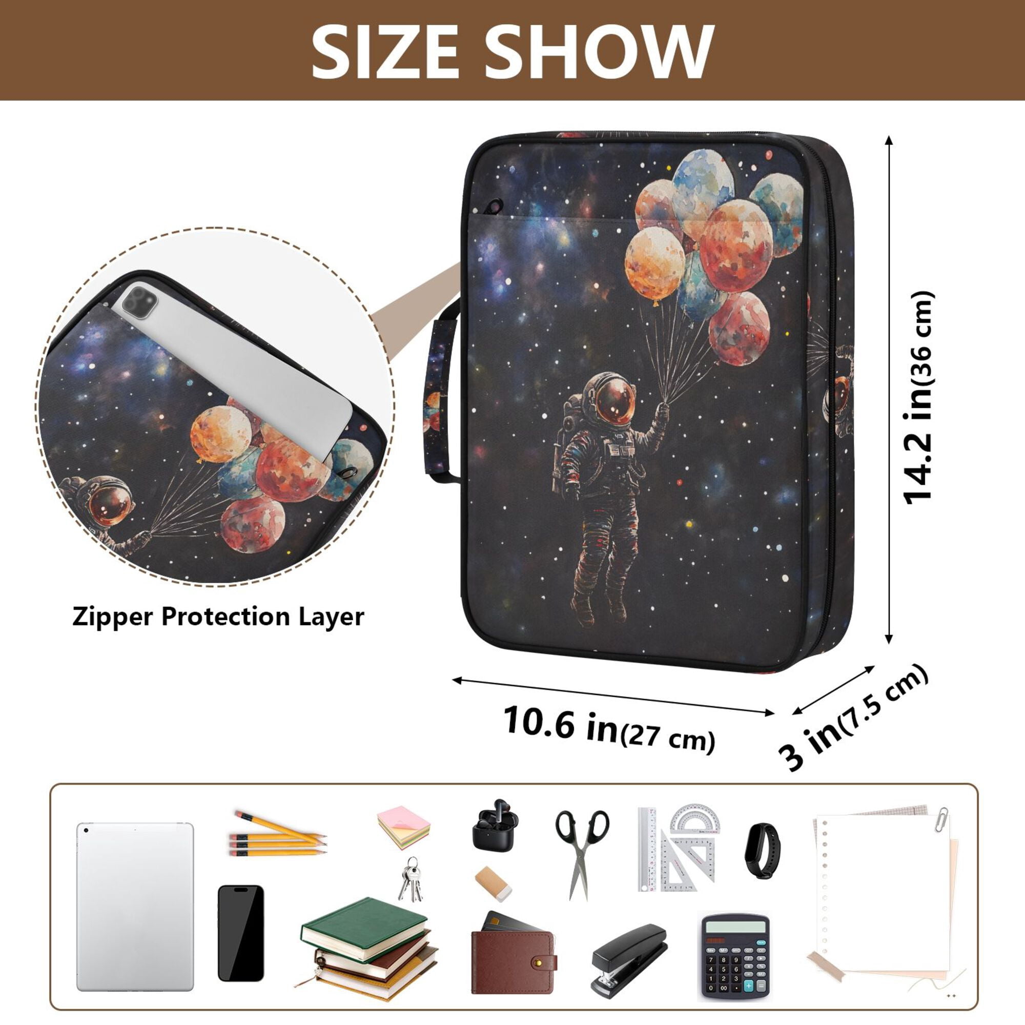 FORMRS Accordion File Folder A4 Size 7-Pocket Expanding Document Organizer Bag with 3 Ring Binder, Black Watercolor Space