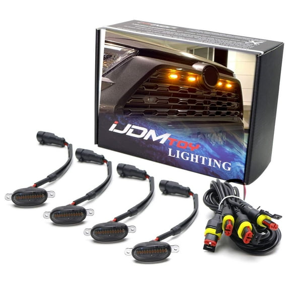 4pc Set Light Smoked Lens Amber LED Front Grille Insert Fit Clearance Marker Lighting Kit w/Wire Harness, Universal Fit for Truck SUV