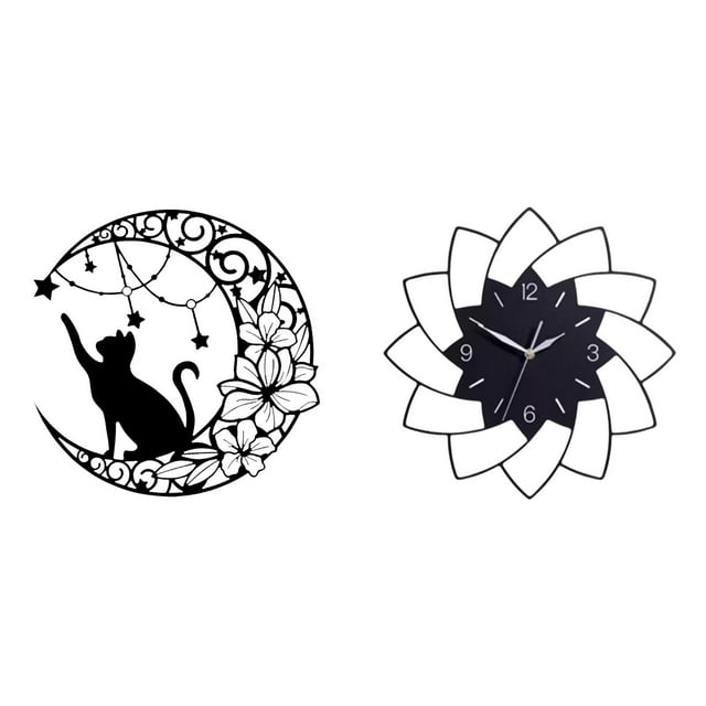 Arte de pared,Estatua decorativa de pared de gato negro de metal,Escultura de pared de metal minimalista con adorno de pared,Reloj de pared grande,Reloj de pared acrílico silencioso y sin tictac