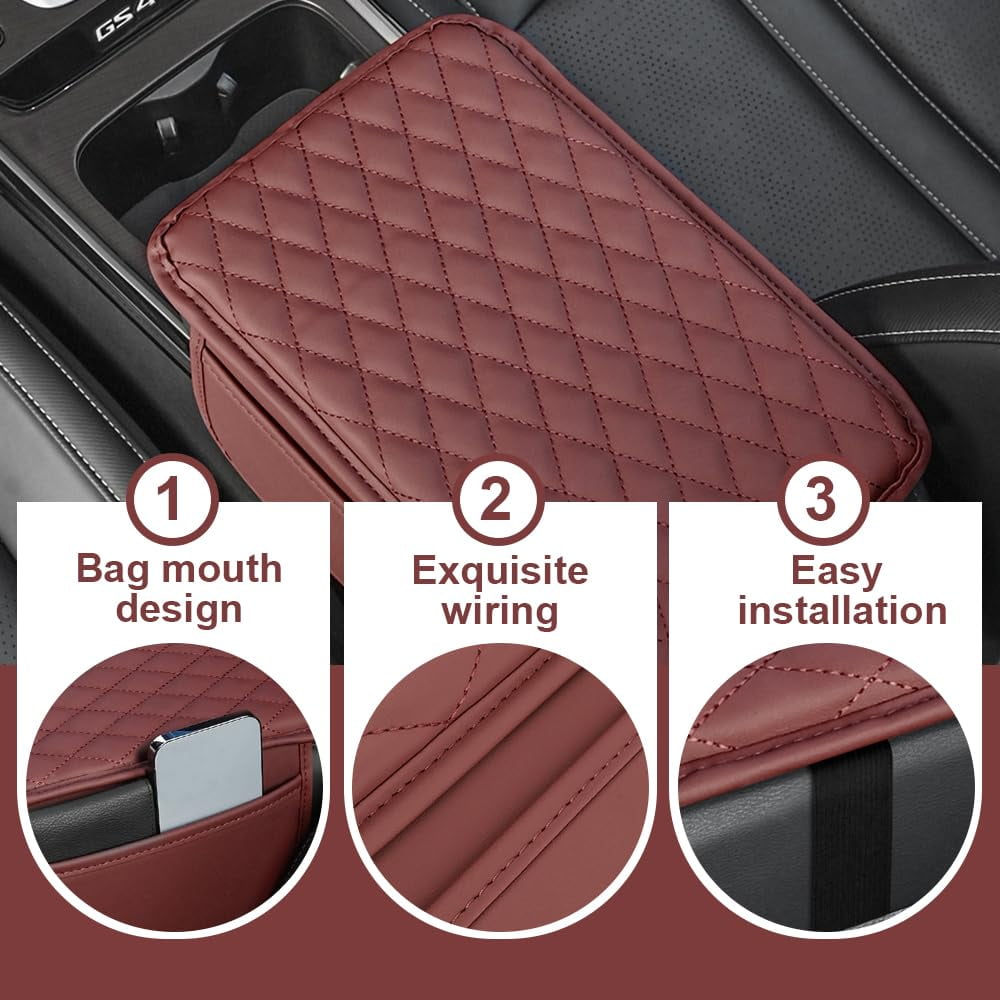 Upgraded Car Center Console Cover, Leather Armrest Cushion Pad with 2 Storage Bags, Microfiber Soft Waterproof Seat Box Cover Protector, Cars Interior Decor Accessories Fit for Most Vehicles