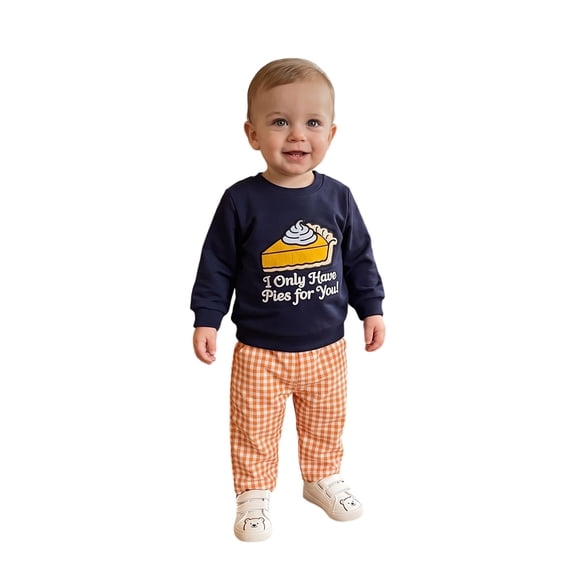 Toddler Baby Boys Thanksgiving Outfits Adorable Pumpkin Pie Embroidery Long Sleeve Round Neck Sweatshirt and Plaid Pants Set