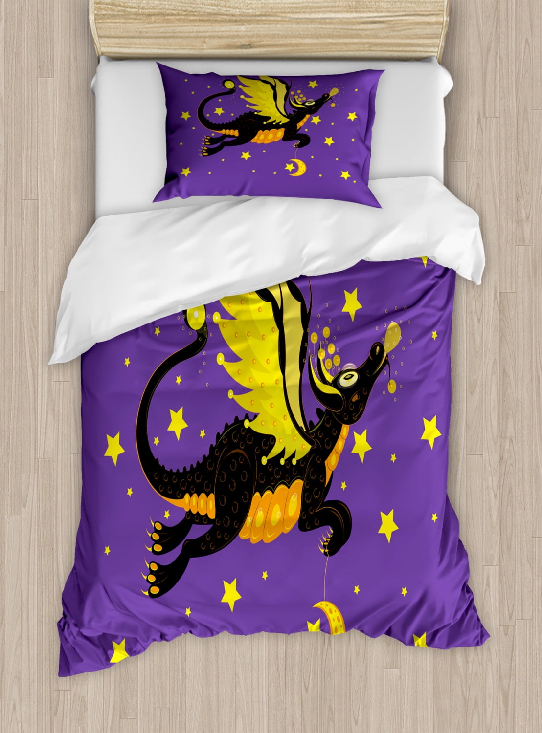Dragon Duvet Cover Set Twin Size, Night Sky with Fierce Creature Moon and Stars, 2 Piece Bedding