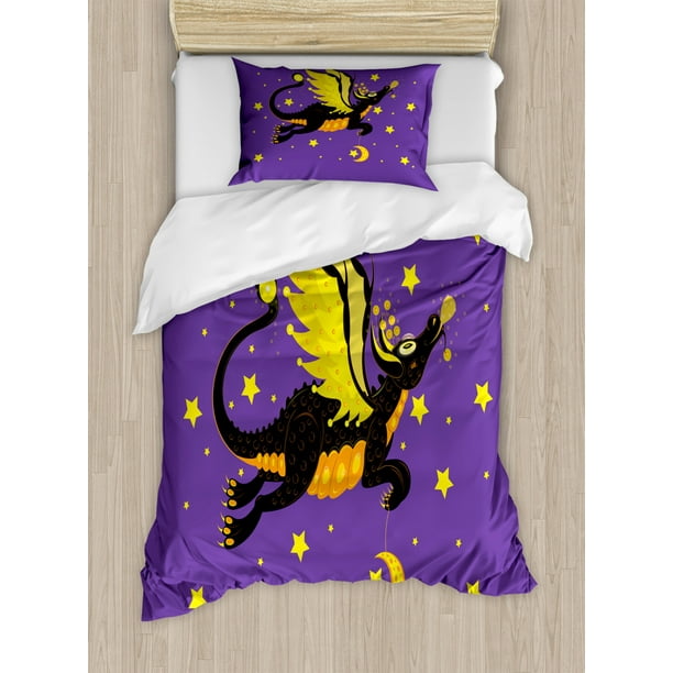 Dragon Duvet Cover Set Twin Size, Night Sky with Fierce Creature Moon