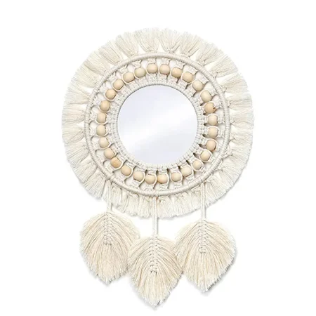 

Wall-mounted mirror round edge decorative mirror wooden bead feather pendant apartment living room art decoration