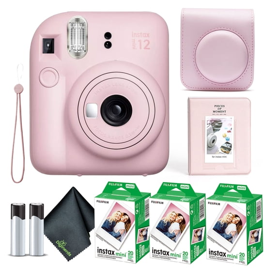 Fujifilm Instax Mini 12 Instant Camera Blossom Pink Bundle with Fuji Instax Mini Film Value Pack (60 Sheets) Protective Carrying Case Photo Album Microfiber Cleaning Cloth