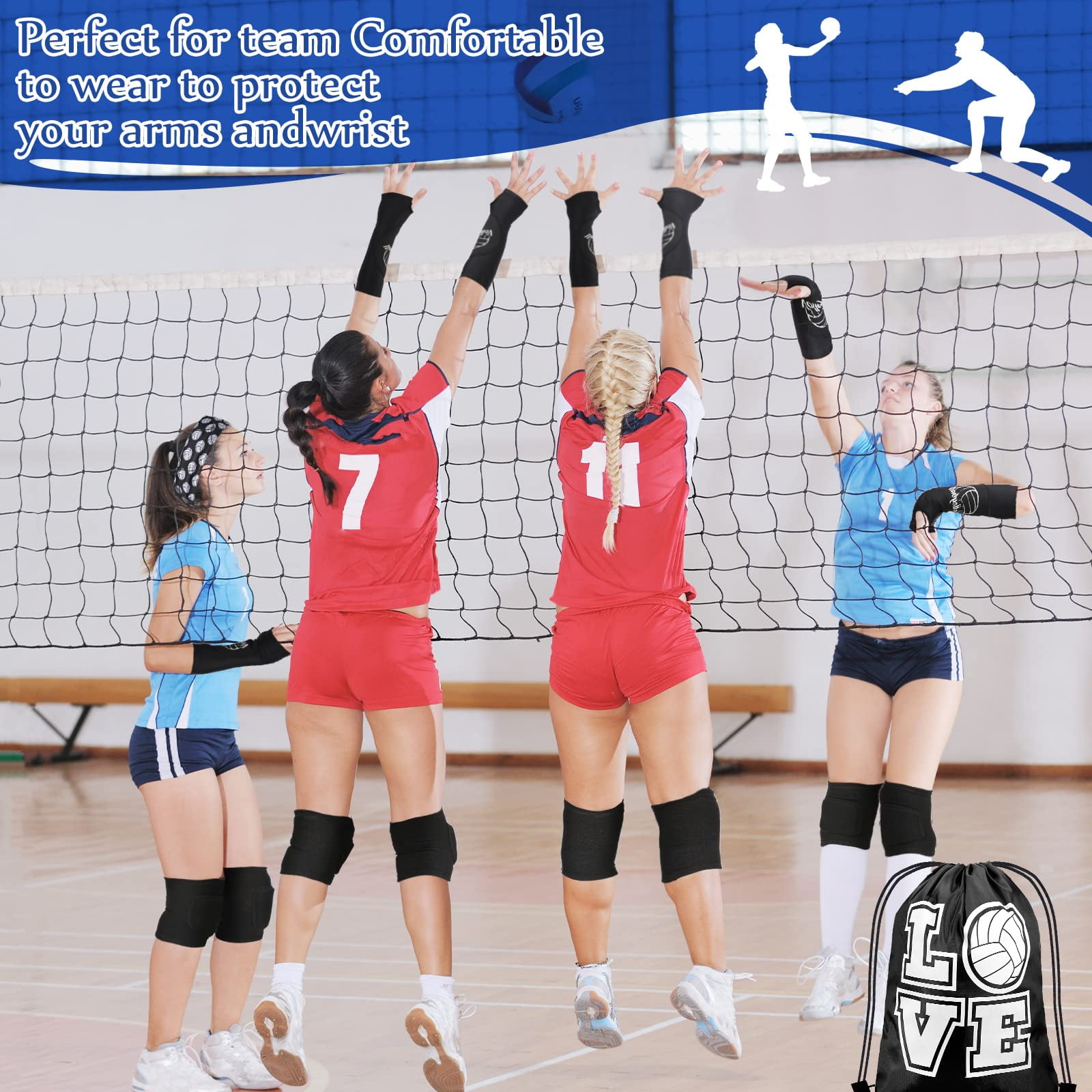 4 Pcs Volleyball Knee Pads and Arm Sleeve Set, Forearm Elbow Sleeves with Wrist Guard Protection Pad and Thumb Hole for Women Men Adult