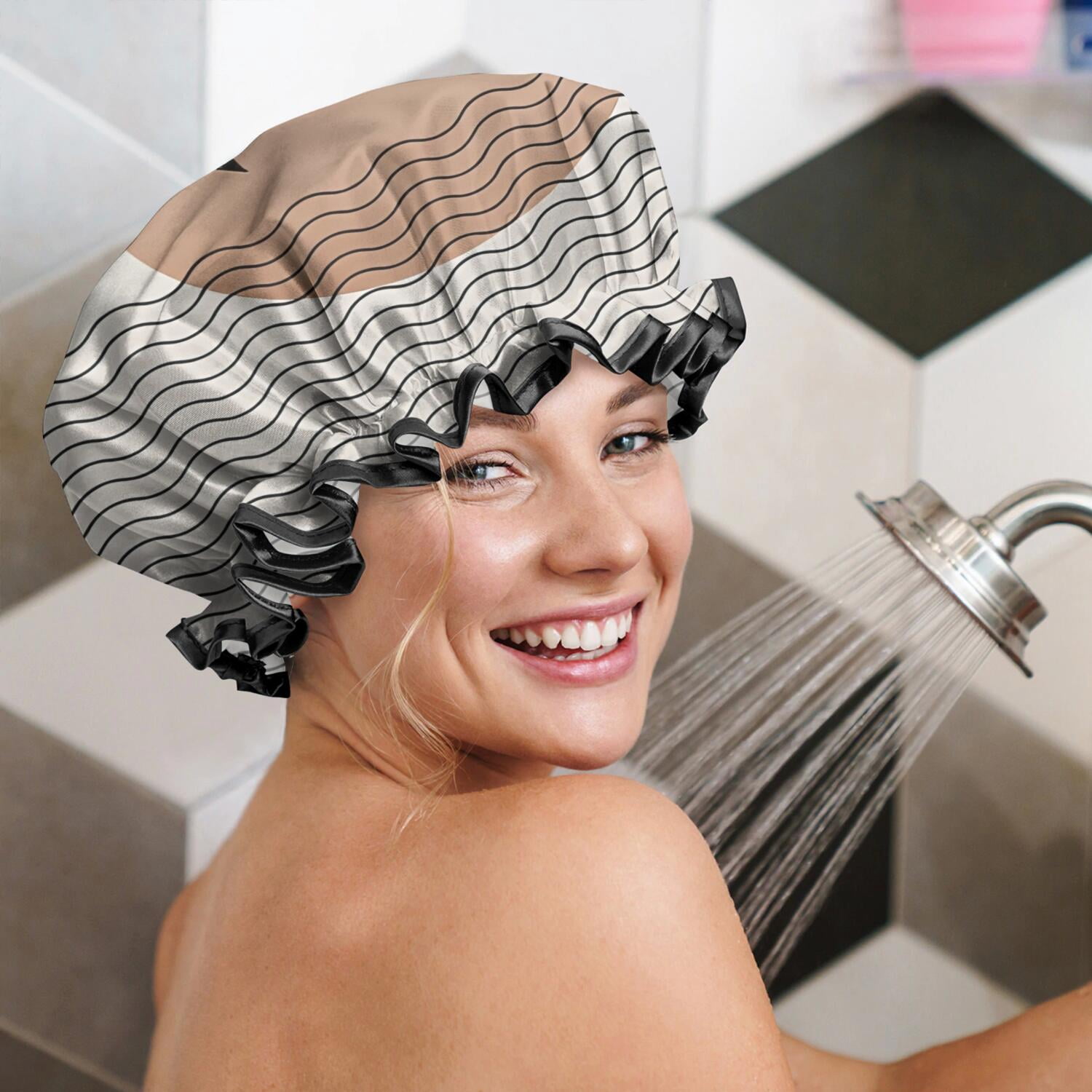 Shower Caps,Brown Boho Abstract and Plant Pattern Waterproof Shower Cap for Women 4 Pieces,Double Reusable Hair Cover for Shower PEVA Elastic Stretch Hem