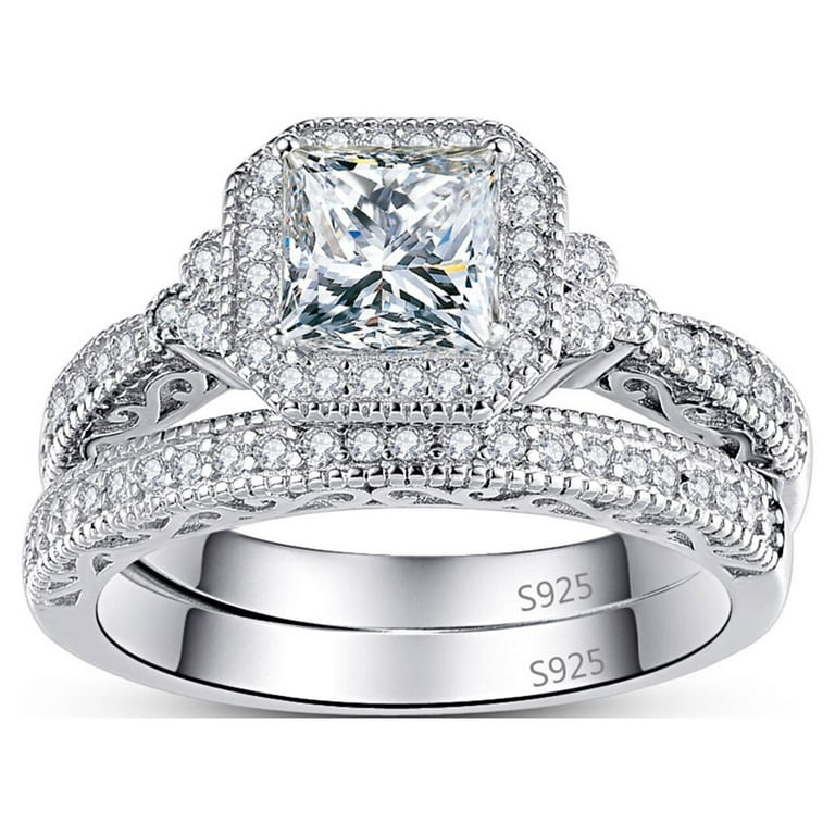 925 Sterling Silver Engagement Ring Set for Women Princess Cut Cubic Zirconia Wedding Ring Bridal Set Size 5 10