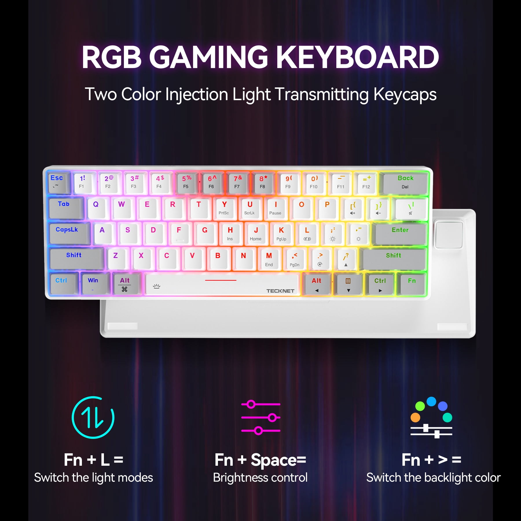 TECKNET Ultra Compact Mechanical Keyboard with 60% Cable, RGB Keyboard, White USB Keyboard with Red Switch, Illuminated Keyboard with Adjustable Stand, Clicky Portable Keyboard