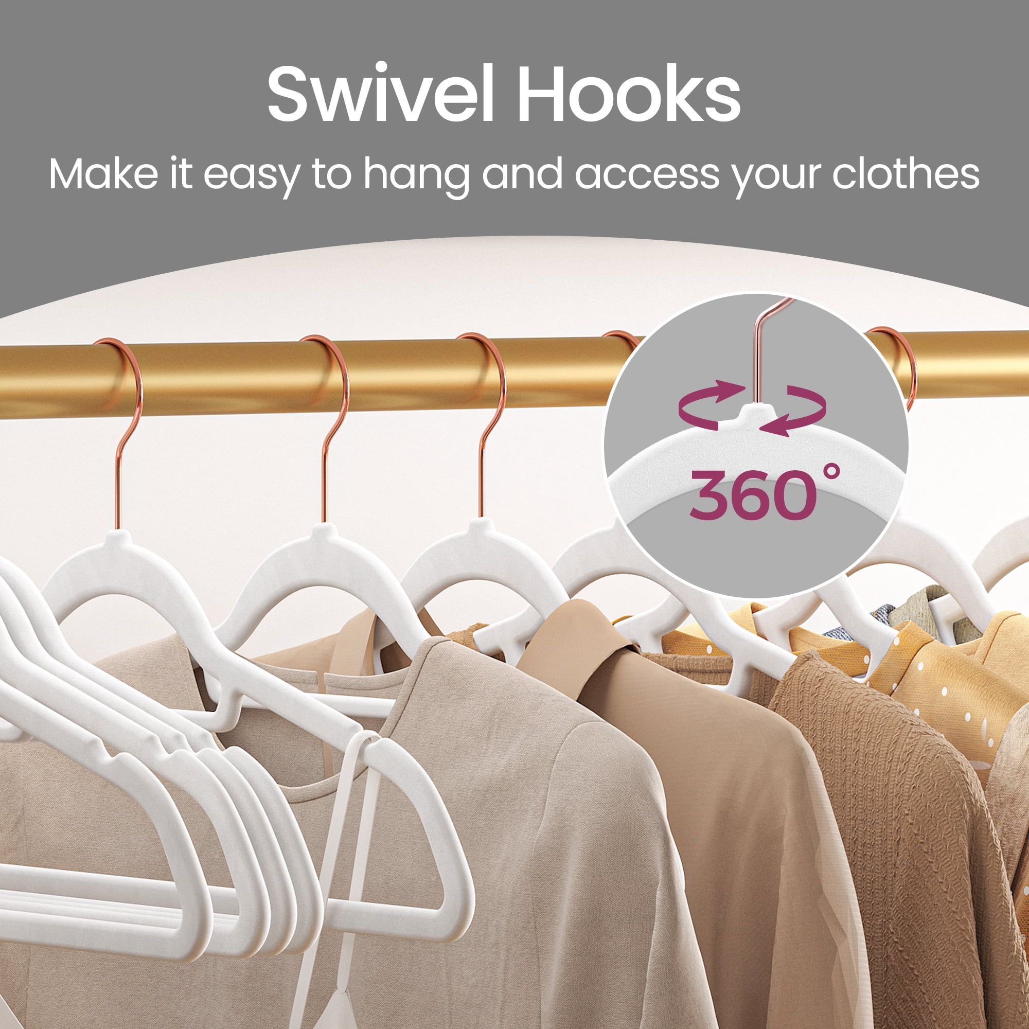 LEDREM Set of 50 Velvet Hangers with Rose Gold Swivel Hooks, Non-Slip Space Saving Hangers for Shirts and Dresses, Cloud White