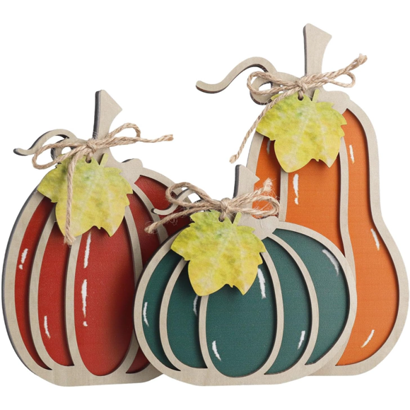 YSTIANN 3 - Piece Warm - Toned Wooden Autumn Pumpkin Decor - Fall Thanksgiving Harvest Decorations for Home, Orange/Green/Red Pumpkins, Ideal for Shelves, Mantels, Tables & Cozy Seasonal Displays