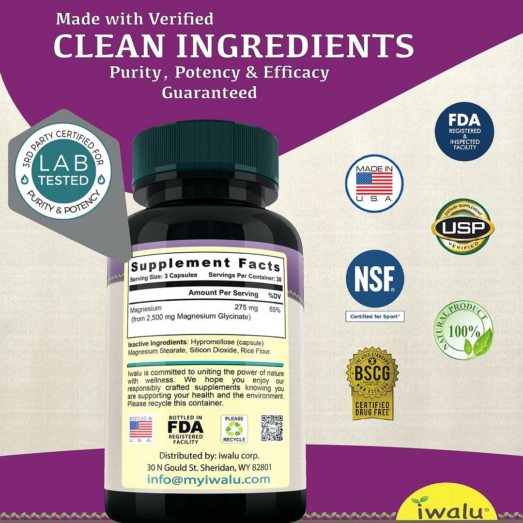 iwalu Magnesium Glycinate | Relaxation & Sleep Support | Calming - Helps Reduce Stress - Supports Muscle, Bone & Joint Health | Pure Bioavailable Potent - 90 Count | NSF Certified & USA Made