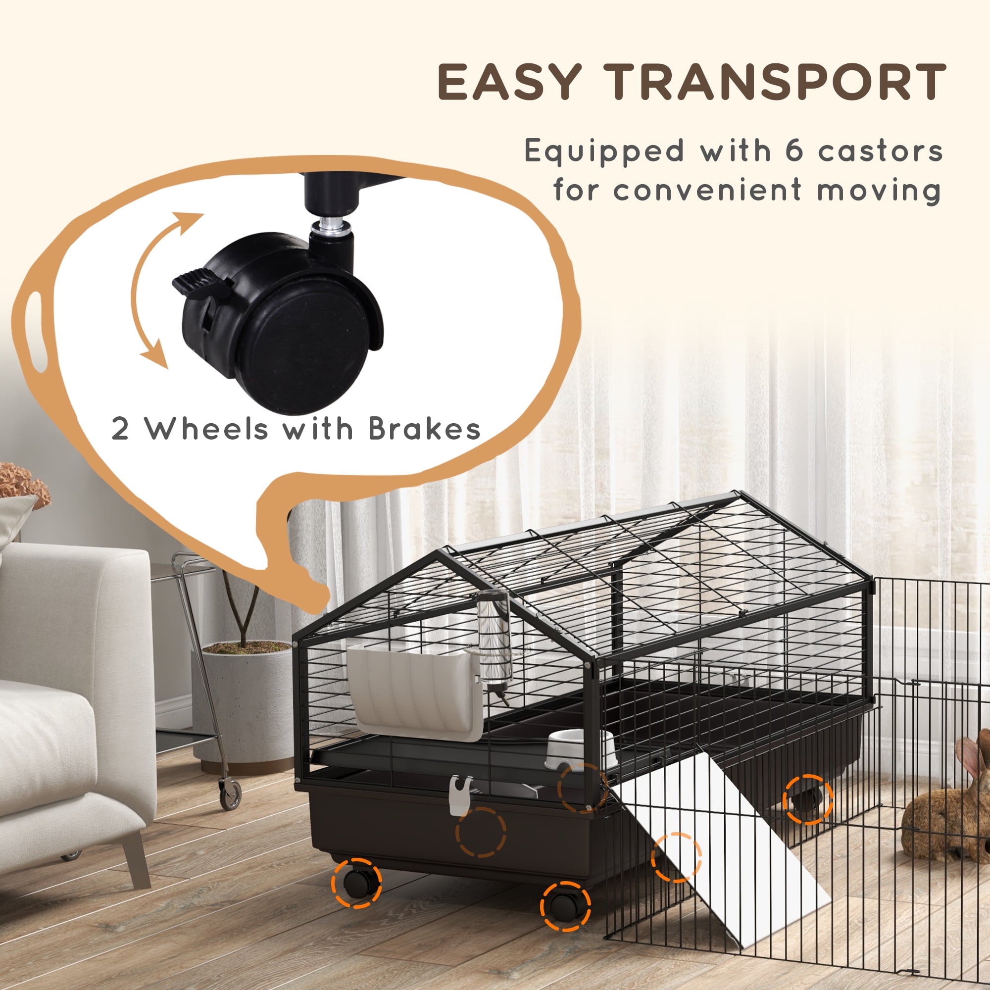 Small Animal Cage with Foldable Run Area, Rolling Bunny Cage, Guinea Pig Cage, Hedgehog Cage with Water Bottle, Water Bowl, and Ramps, 46.5"