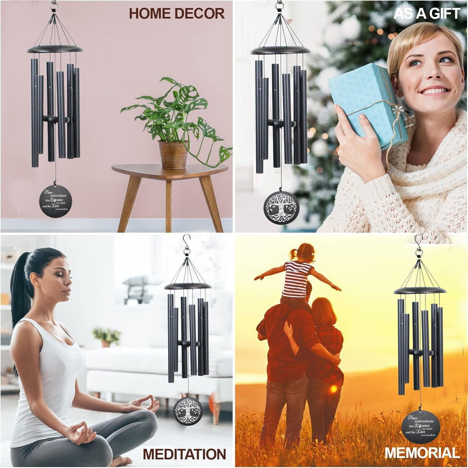 Retirement Wind Chime, Tree of Life, Inspirational Retirement Gifts for Men, Women, Teacher, Co-Worker, Employee, Nanny, Nurse (Black)