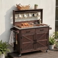 thumbnail image 2 of 54.1" Outdoor Kitchen Island with High Shelf, Large Outdoor Potting Bench Table with Stainless Steel Top and Storage Cabinet, Solid Wood Grill Cart With Lockable Wheels for BBQ, Garden, Brown, 2 of 23