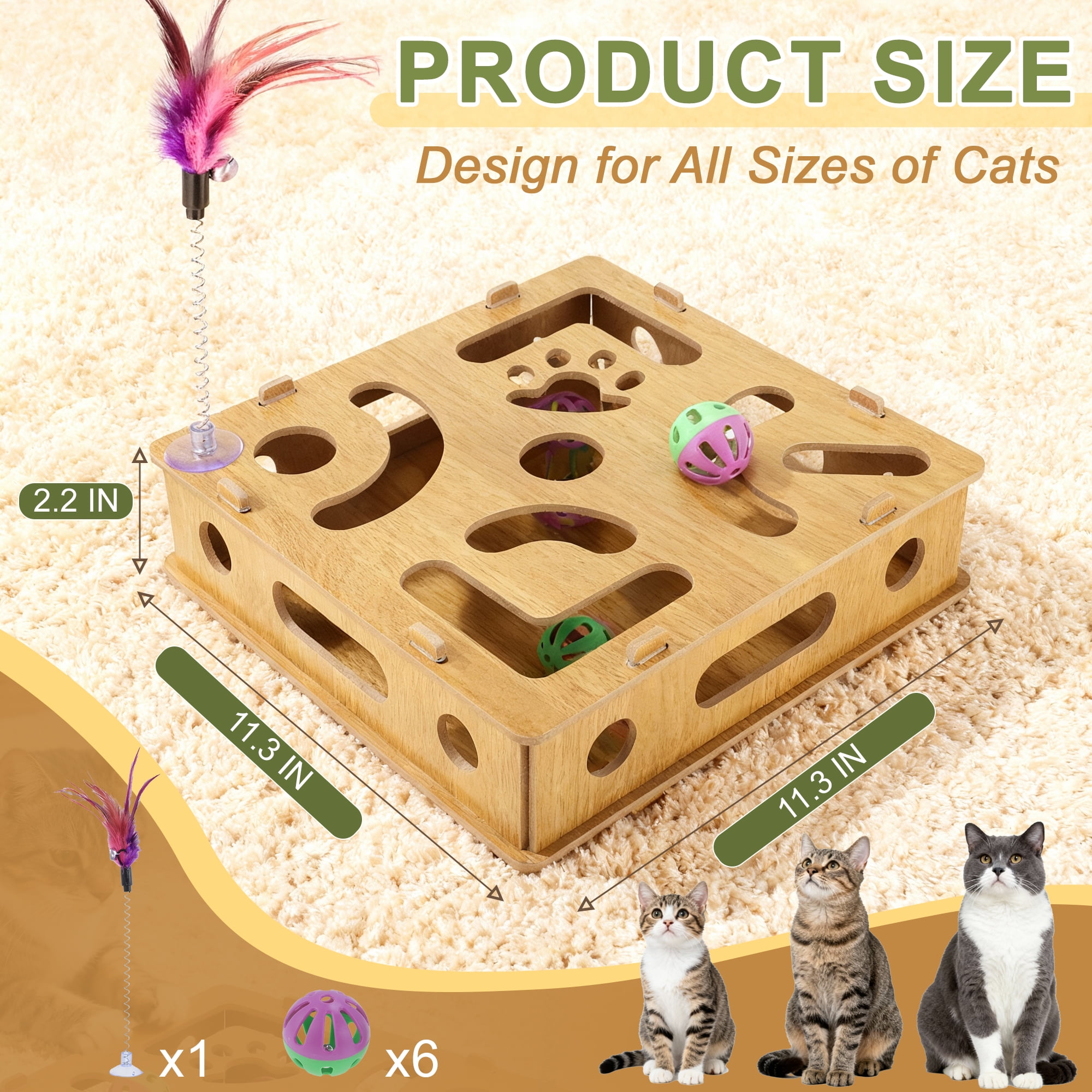 Unique Bargains Cat Toys for Indoor Cats Interactive Wooden Puzzle Toy Box Stimulate Hunting Instincts and Reduce Boredom Wood Color