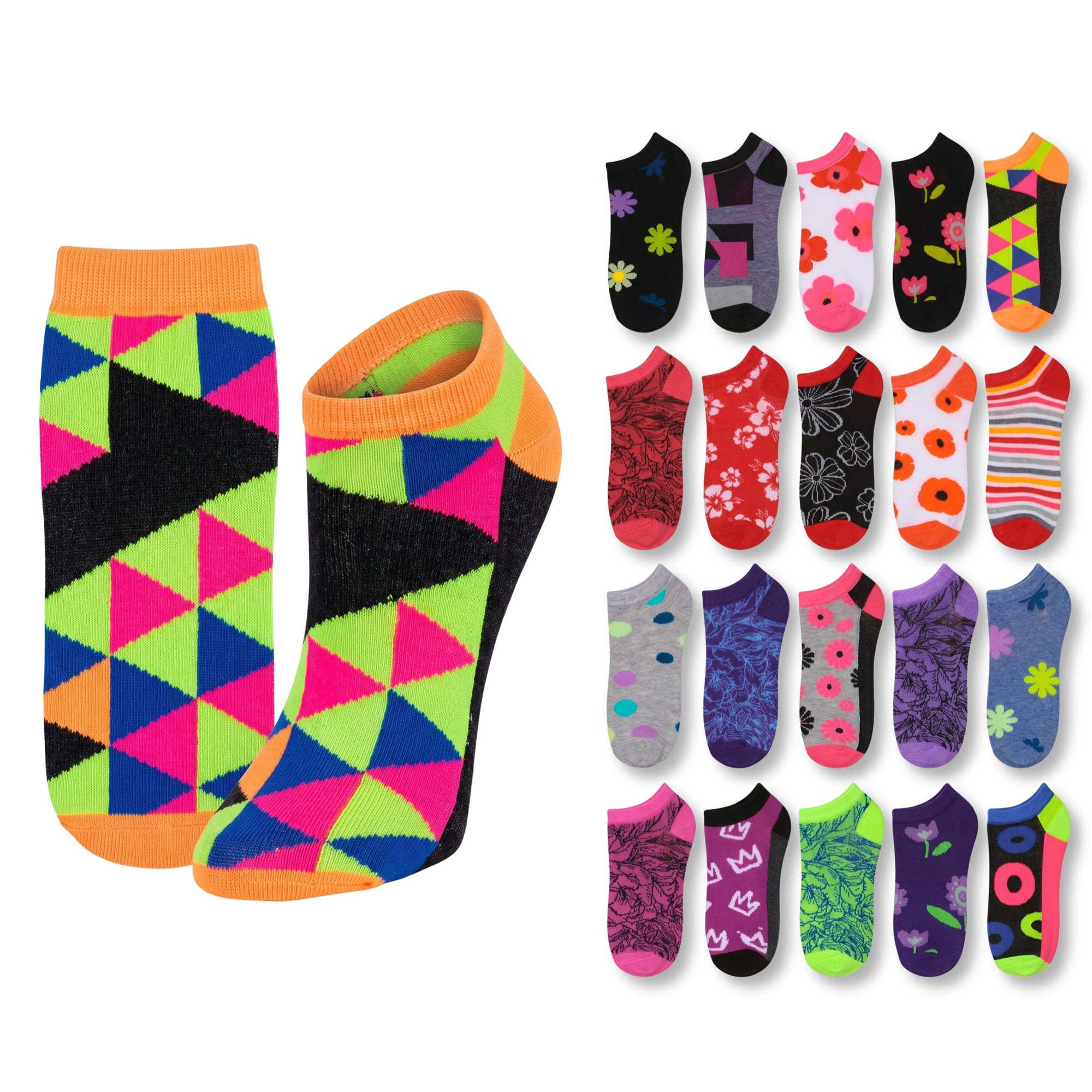 Tipi Toe Ladies Fun Print No-Show Sock Collection - Multi-Pack (20 Pack)