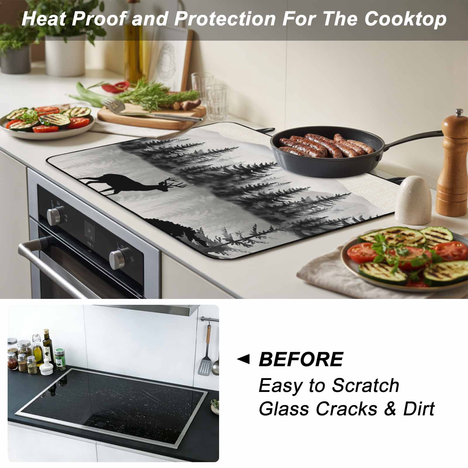 Deer Forest Stove Top Cover for Electric Stove, Heat-proof & Non Slip Glass Top Stove Cover Protector, Farmhouse Vintage Nature Trees Mountain Kitchen Flat Cooktop Rubber Mat 24x21 Inches