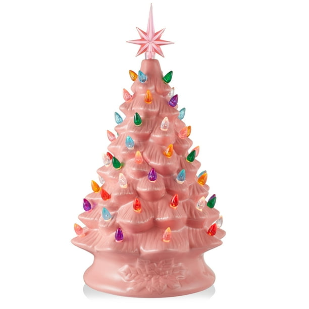 Casafield Hand Painted Ceramic Christmas Tree Pink 15 Inch Pre Lit