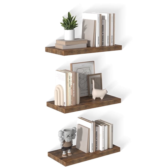 LANDMOK 12 Inch Deep Floating Shelf, 24 x12 Inch Large Wall Mounted Shelf for Kitchen, Bathroom, Living Room, Rustic Brown (3 Pack)