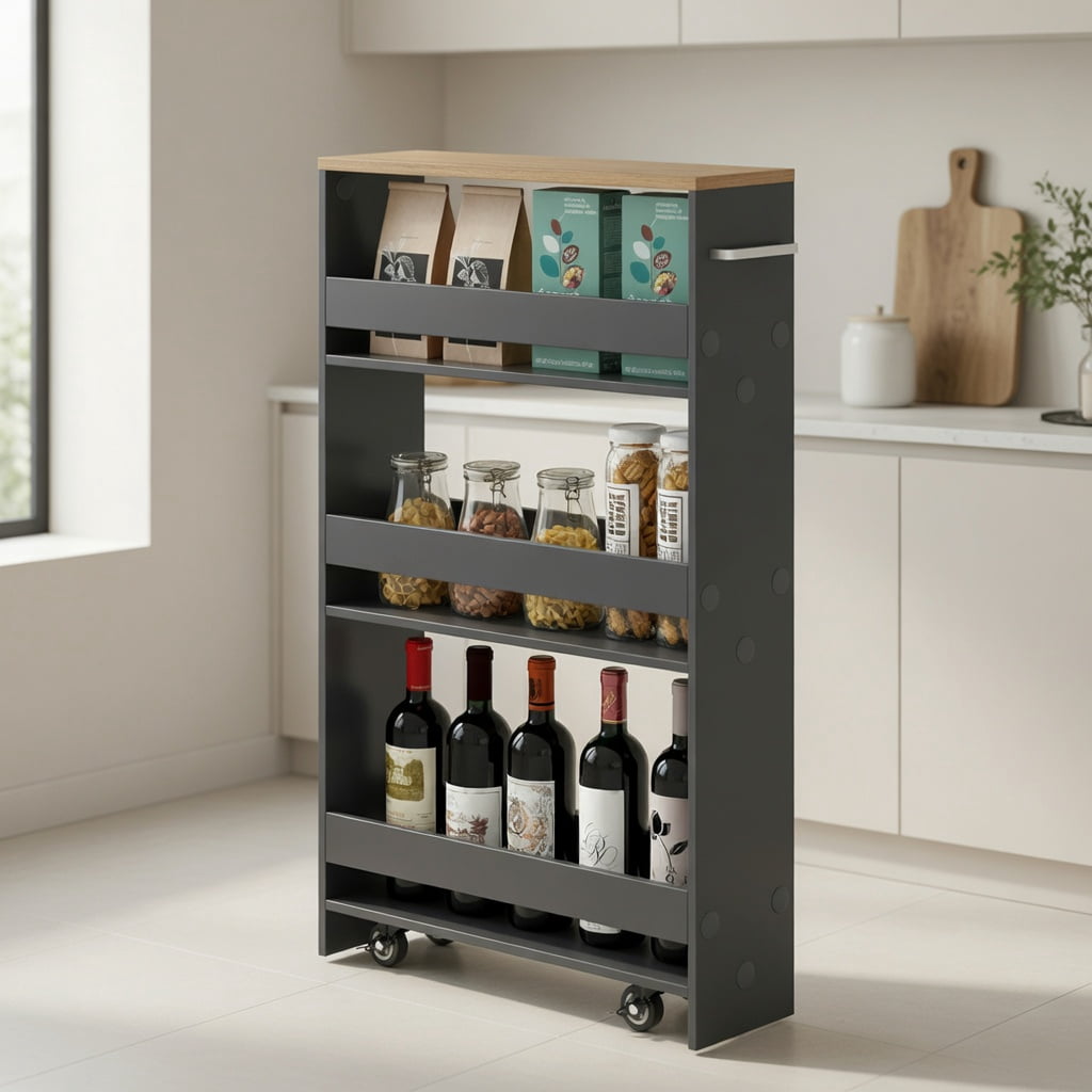Demi Bonn Rolling Cart, Kitchen Island Cart, Rolling Kitchen Slim Storage Cart Mobile Shelving Organizer with Handle, for Kitchen, Dining Room, Gray