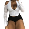 thumbnail image 4 of Txlixc Mujeres Halter Crop Tops, Sexy Fruncido Manga Larga Fuera del Hombro Cremallera Camisetas Lisas Txlixc Moda, 4 of 6