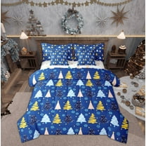 Feelyou Blue Xmas Tree Bedding Comforter Set 7pcs, Merry Christmas Queen Bedding Sets, Princess Fairy Tale Reversible Queen Sheet Sets, Microfiber Bedroom Decor