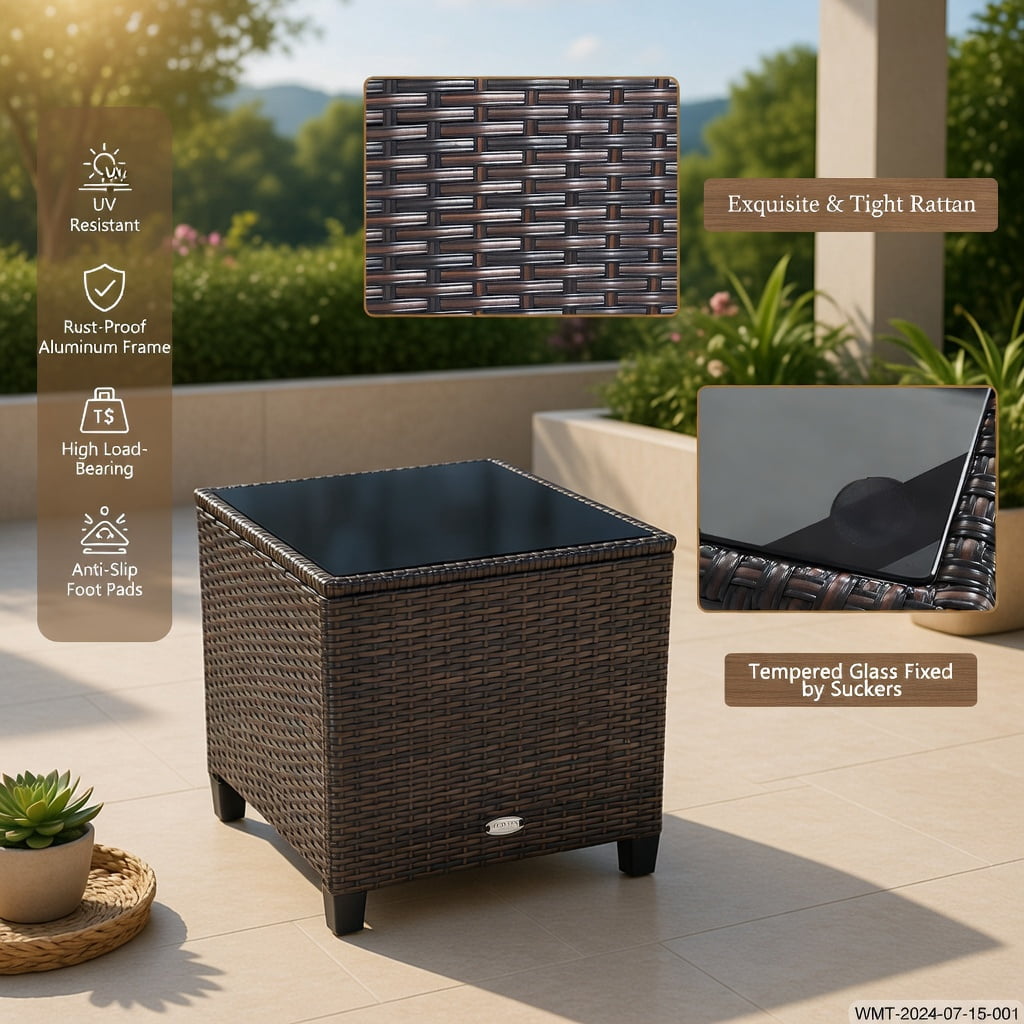 Hommoo 3-Piece Outdoor Rattan Patio Furniture Set with Cushioned Chairs & Tempered Glass Coffee Table, Black