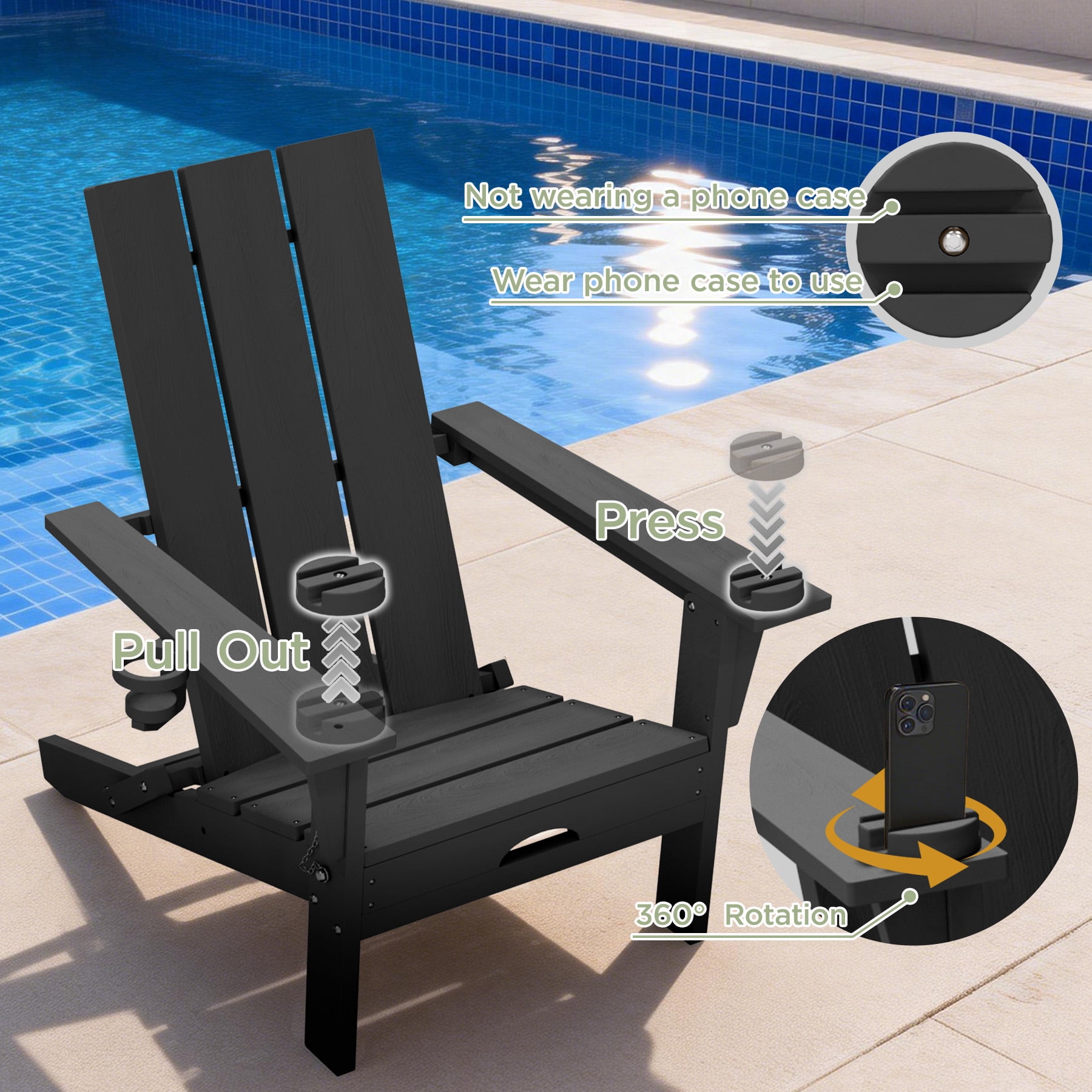 Tappio Folding Adirondack Chair All Weather HDPE Outdoor Patio Chairs with Detachable Multifunctional Holders and Cup Holders, Fire Pit Chairs for Yard Garden Poolside, Black