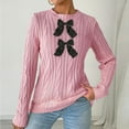 thumbnail image 2 of Women's Crew Neck Bowknot Decor Cable Knit Drop Shoulder Long Sleeve Casual Pullover Sweater Ribbed KnitCardigan Outerwear Valentine's Day Tops Fall Warm Outfits, 2 of 6