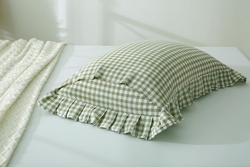 2 Pack Sage Green White Plaid Ruffles Pillow Shams Checkered Pillowcases Gingham Queen Size Pillow Cases Washed Cotton Farmhouse Cottage Pillow Covers for Bed/Sofa(20X30inches,Sage Green/White Plaid)