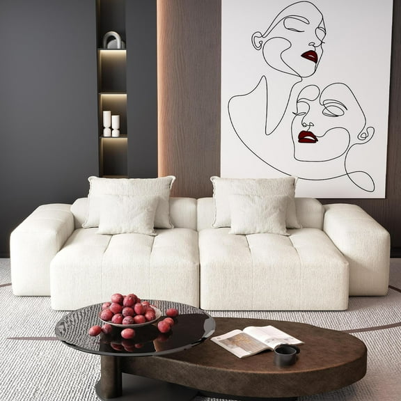 Modern Oversized Modular Sectional Sofa with 2 Chaise Lounges and 2 Armrests, 4-Piece Tufted DIY Combination Couch with Sparkling Chenille Upholstery and 4 Pillows, No Assembly Required, Beige