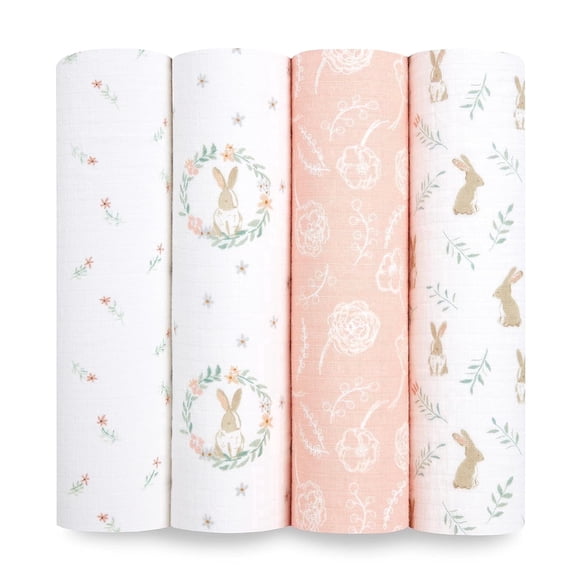aden anais essentials Cotton Muslin Swaddle Blanket, Pink Blushing Bunnies, Girls, 4-pack