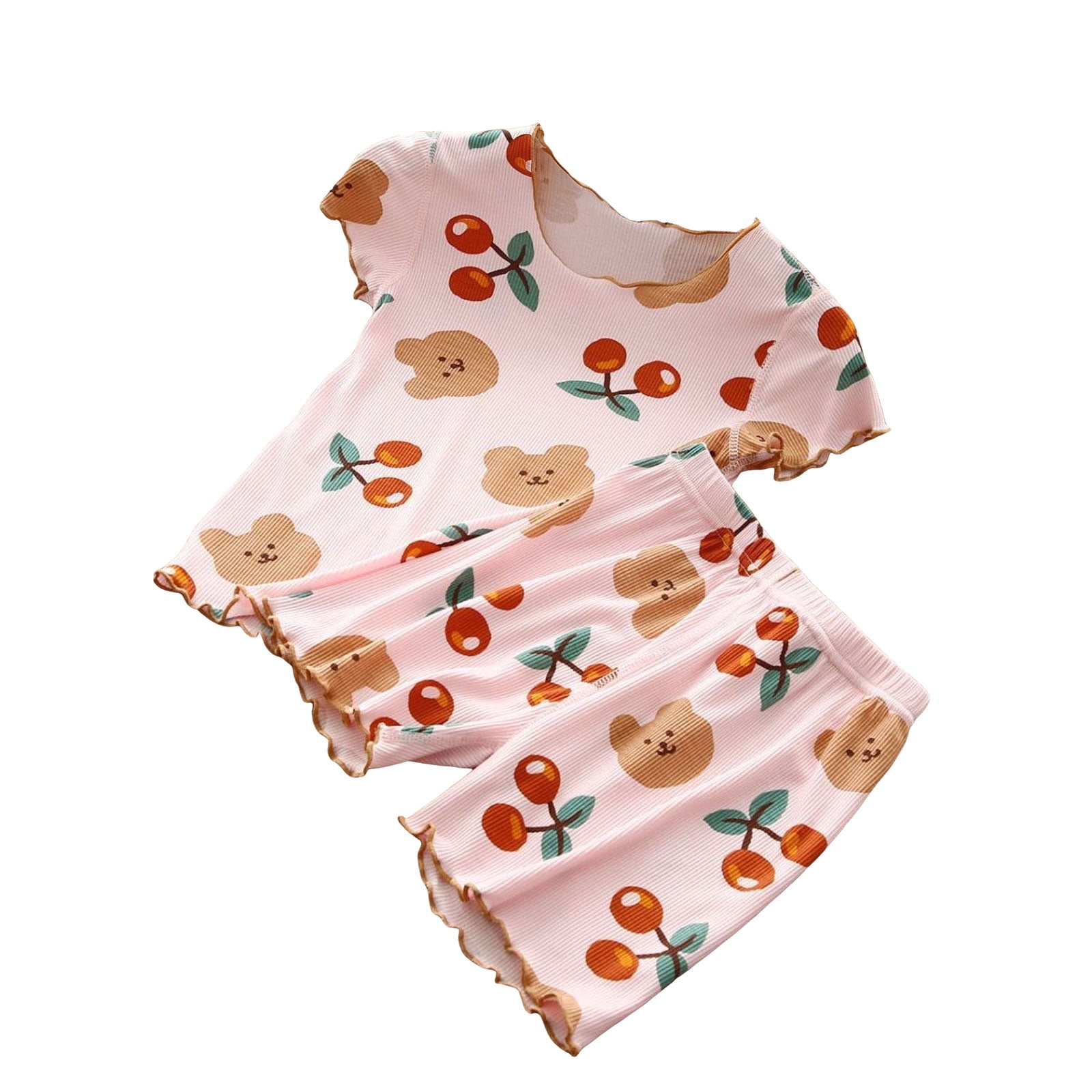 Quealent Toddler Girls Ruffle Outfits 2 Piece Summer Clothes Kids Cute Heart Cherry Bear Graphic Clothing Sets Short Sleeve (Red 3-4 Years)