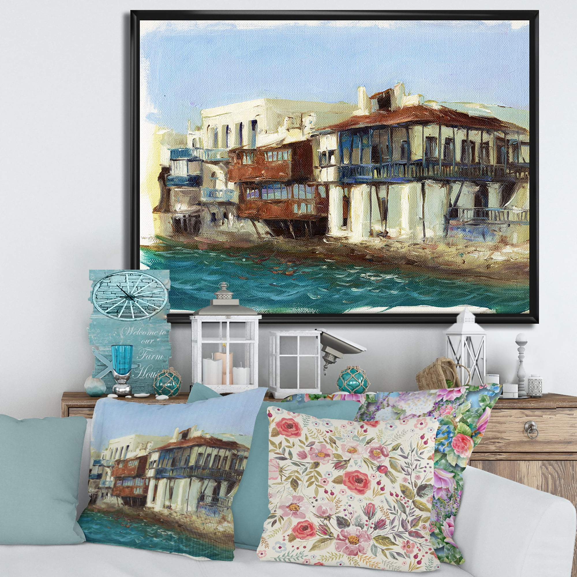 Designart 'Impression Old Houses On The Island of Mykonos Greece' Nautical & Coastal Framed Canvas Wall Art Print
