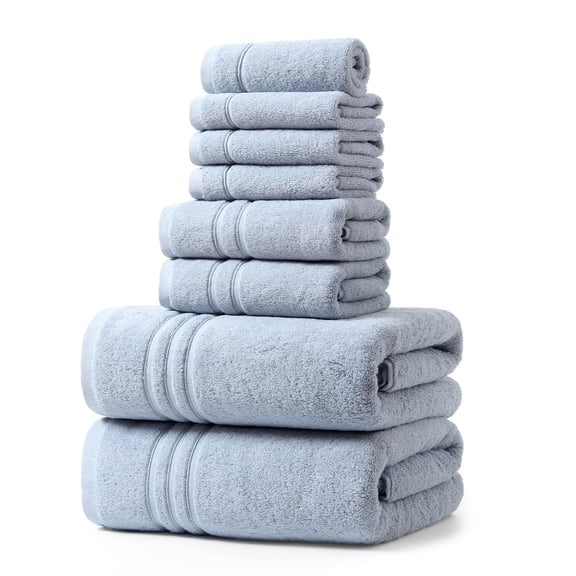 REDKISS 8-Piece 100% Combed Cotton Striped Bath Towel Set, 500GSM Thick Absorbent, Light Blue