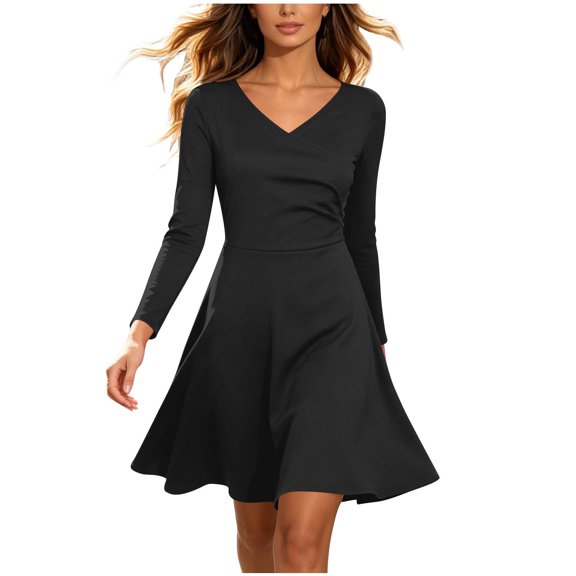 Gytharion Women's A Line Dresses V Neck Long Sleeve Swing Dresses Solid Color Casual Daily Mini Dresses